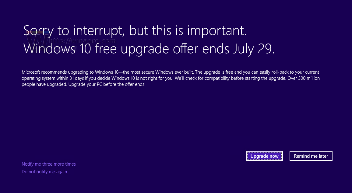 Последние напоминания о бесплатном обновлении до Windows 10