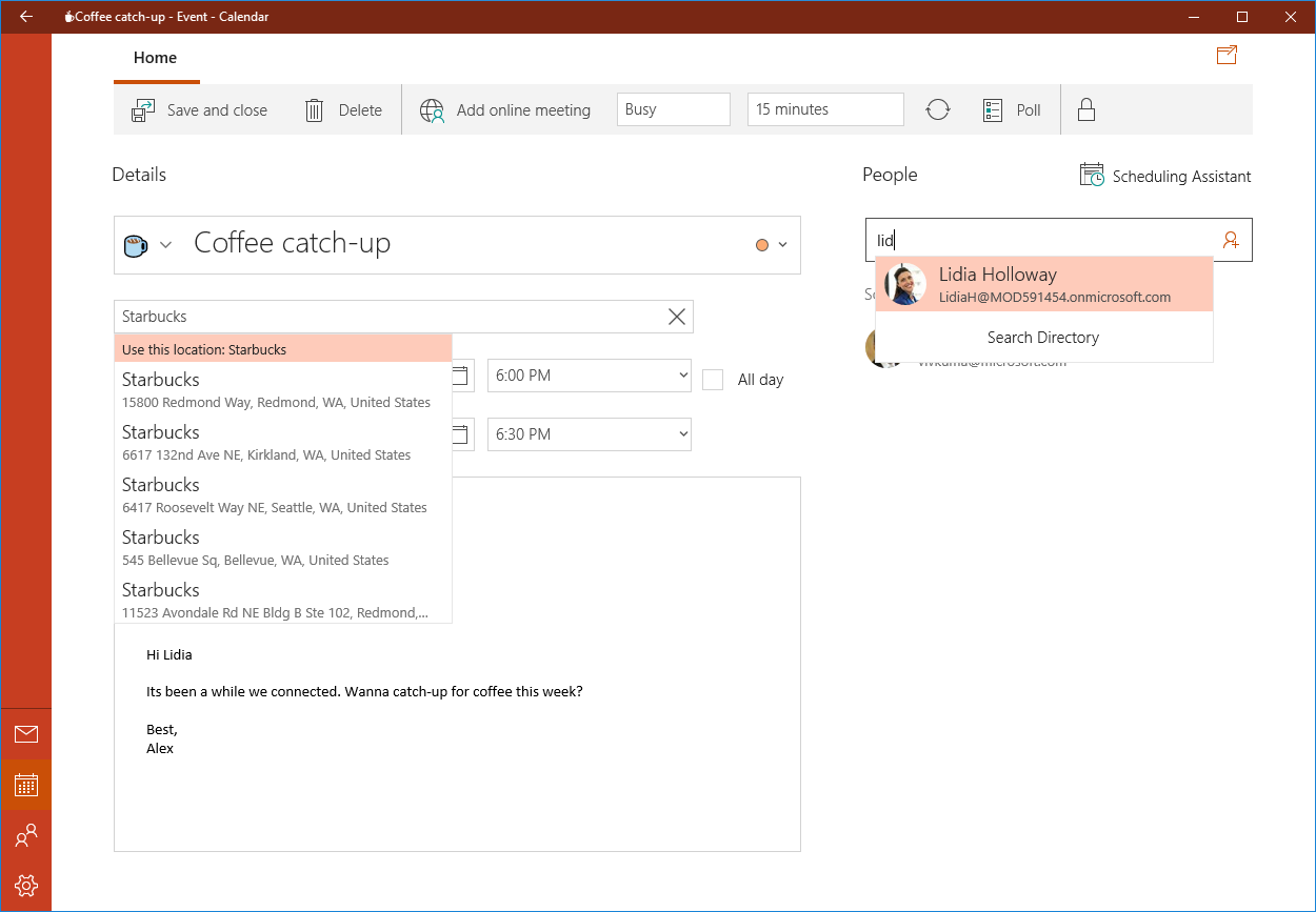 Почта и календарь Windows 10. Mail приложение для Windows 10. Catch event. Minutes details
