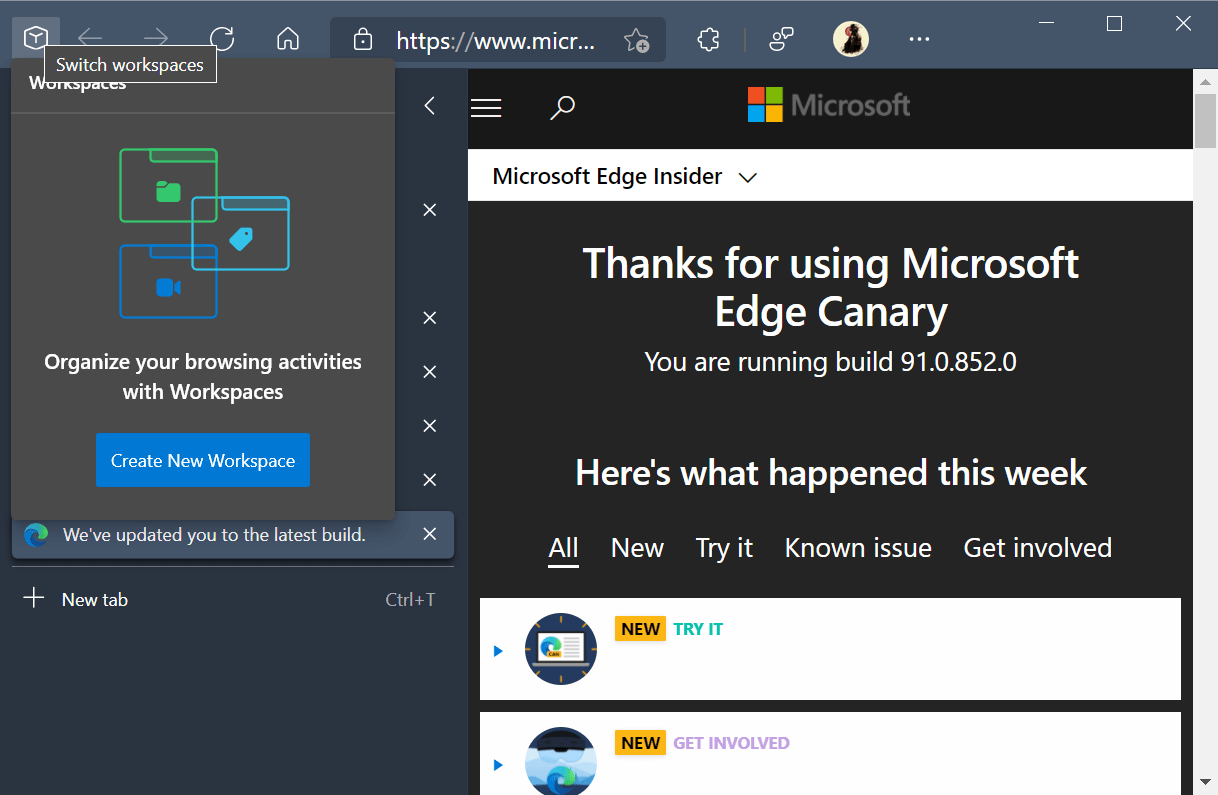 Edge canary. Microsoft Edge Canary. Edge Workspaces.